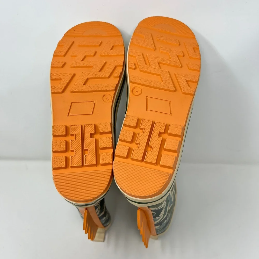 FabKids Dinosaur Camo Rain Boots Orange Spikes Fins Boys Girls Size 4 Green Blue